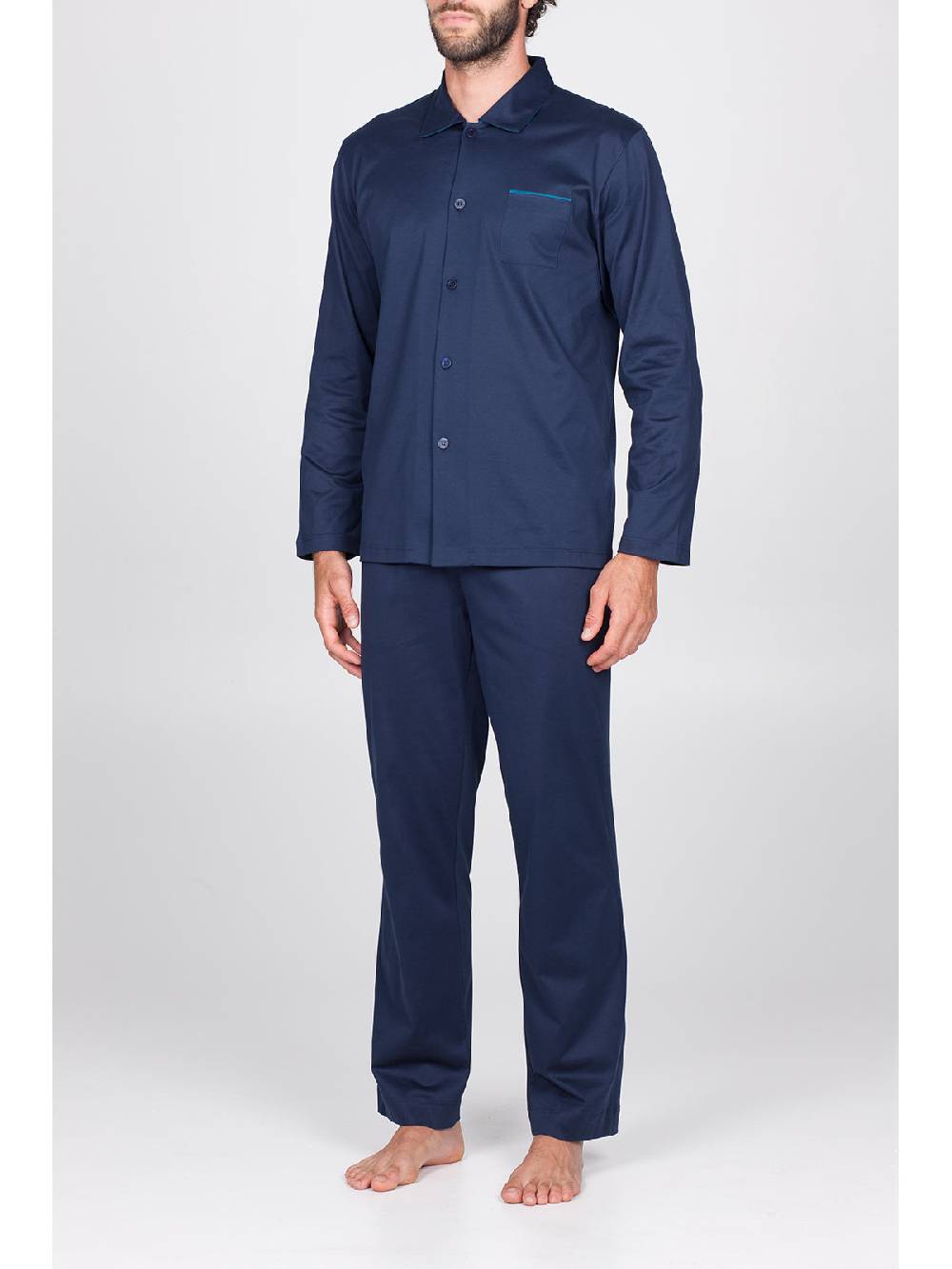Julipet Pigiama aperto in setoso puro cotone mercerizzato blu, con colletto camicia Vendita Calda