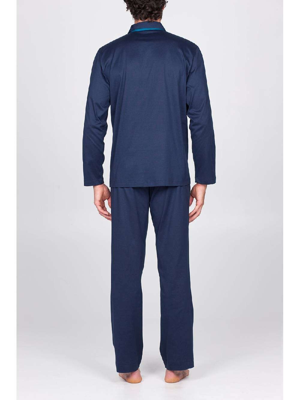 Julipet Pigiama aperto in setoso puro cotone mercerizzato blu, con colletto camicia Vendita Calda