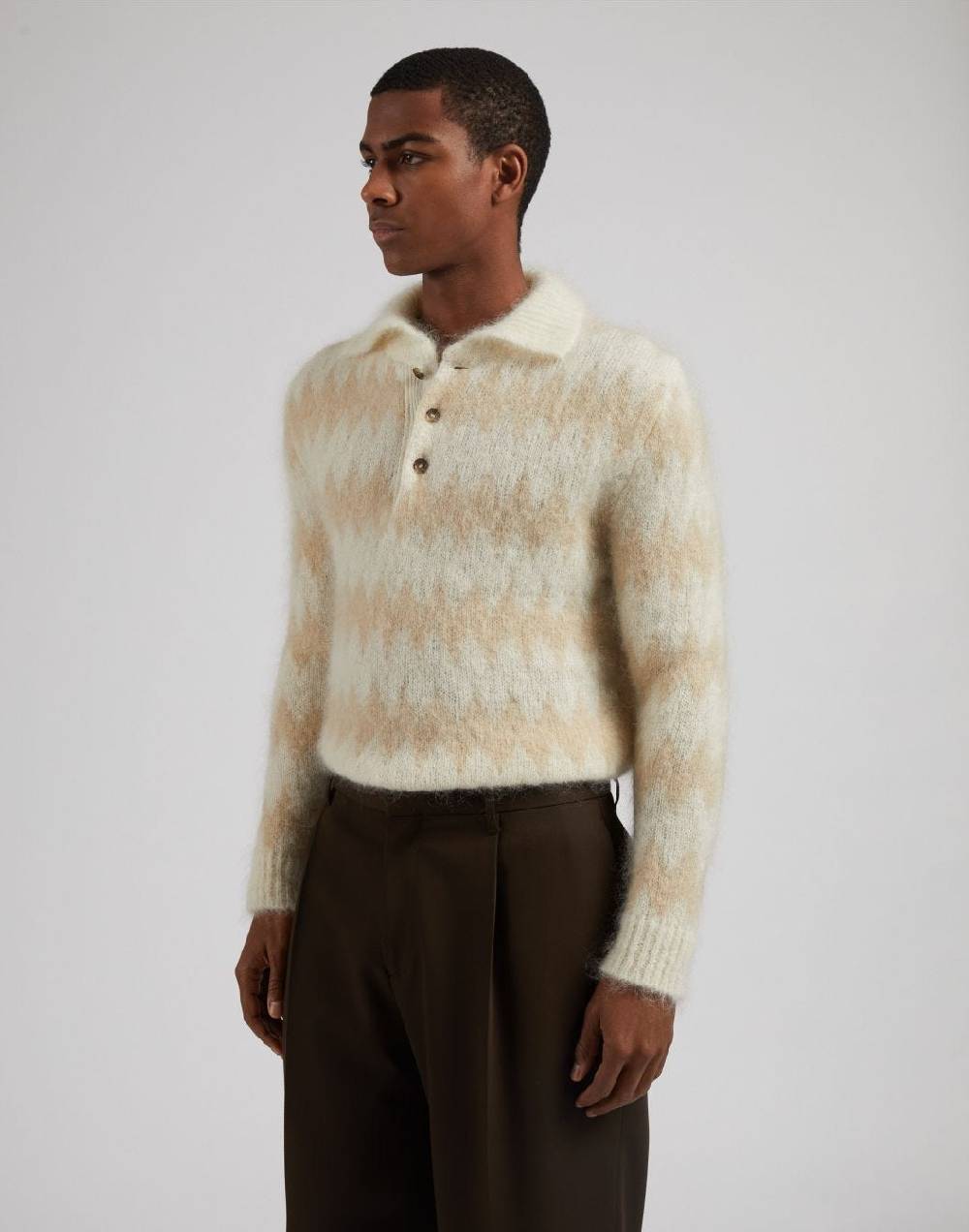 Lardini Polo bicolore a manica lunga in kid mohair bianco-beige Offerta settimanale