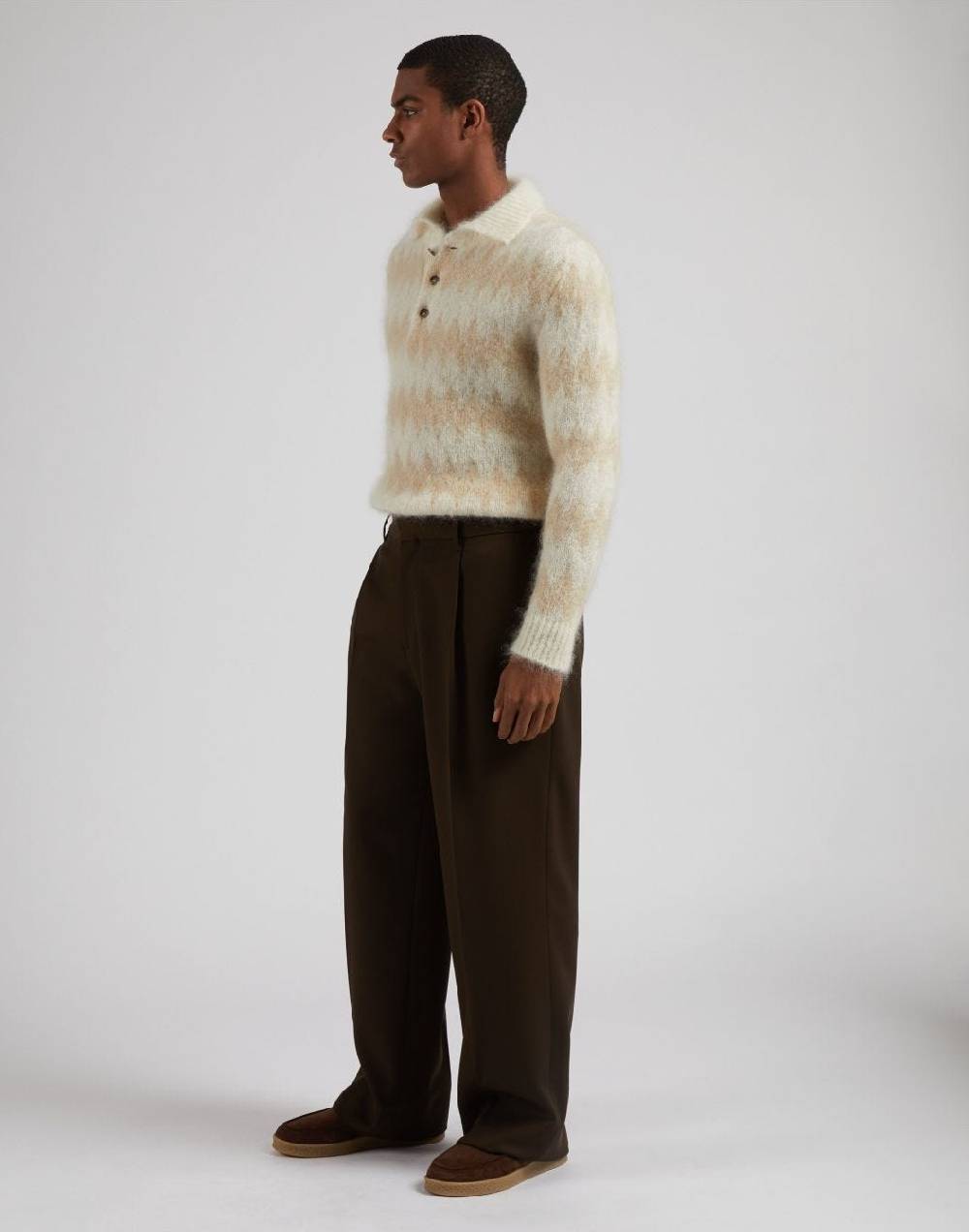 Lardini Polo bicolore a manica lunga in kid mohair bianco-beige Offerta settimanale