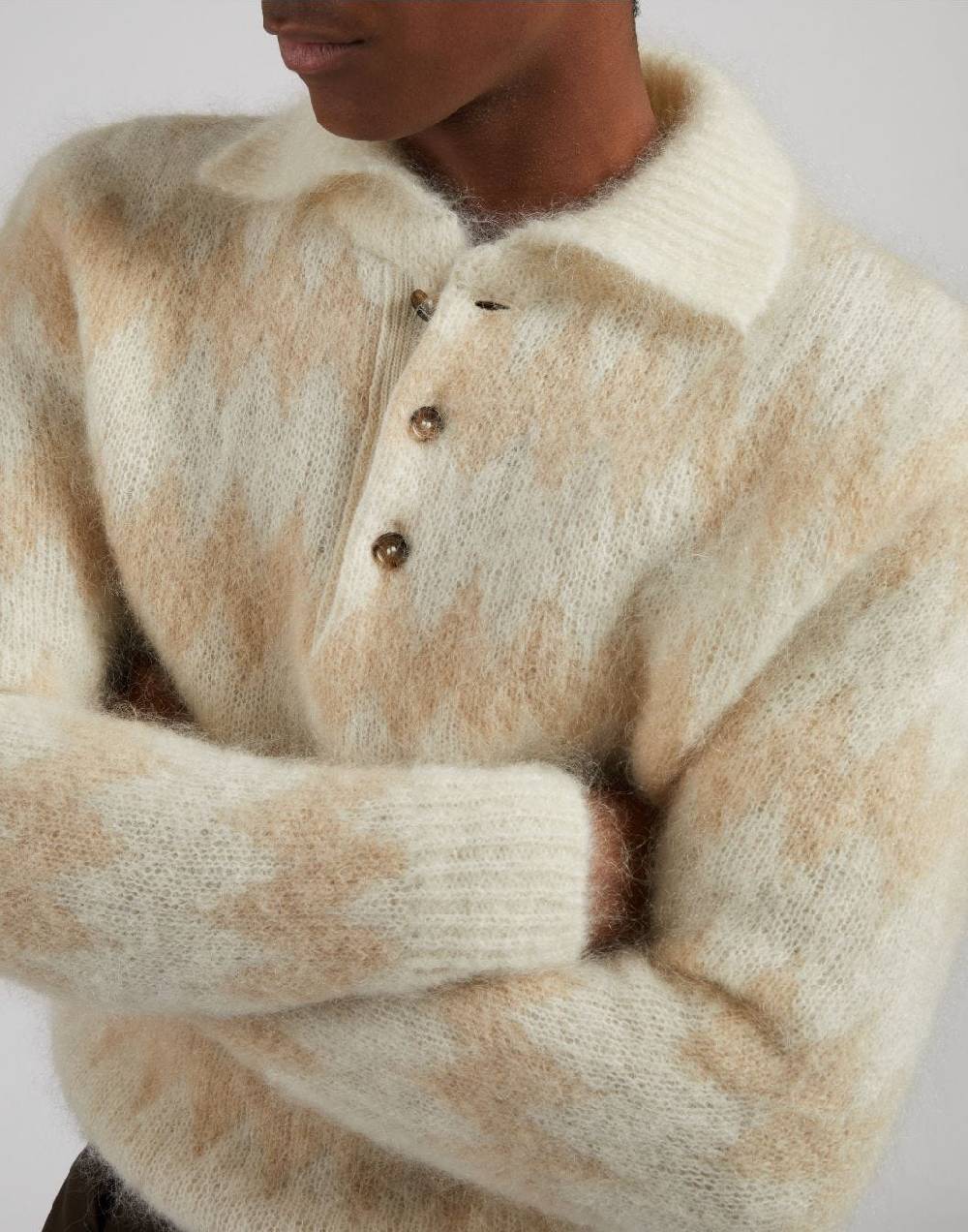 Lardini Polo bicolore a manica lunga in kid mohair bianco-beige Offerta settimanale