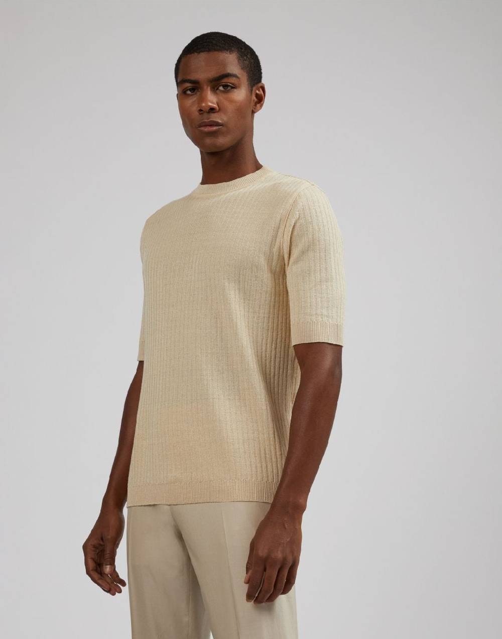 Lardini T-shirt panna in lino e cotone con lavorazione a coste Shopping Online