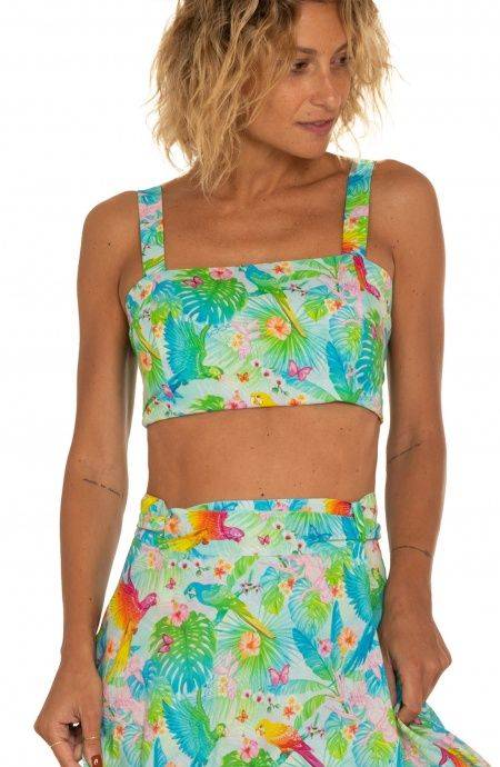 Pin Up Stars Top Con Spalline Stampa Happy Tropical In Vendita