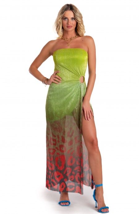 Pin Up Stars Abito Lungo Off-Shoulders Con Anella Crepon Lamè Stampa Macula Degradé In Saldo