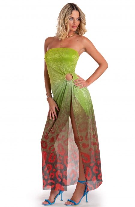 Pin Up Stars Abito Lungo Off-Shoulders Con Anella Crepon Lamè Stampa Macula Degradé In Saldo