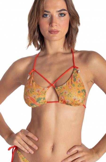 Pin Up Stars TOP BIKINI TRIANGOLO IMBOTTITO CON CONCHIGLIE STAMPA FLOWER BIRD Pezzi Unici