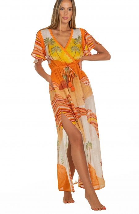 Pin Up Stars Long Dress Scollo a V In Garza Stampa Dune I Più Venduti