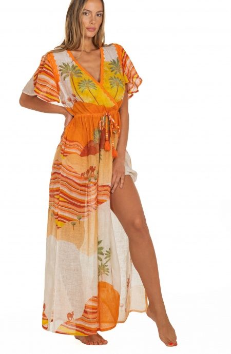 Pin Up Stars Long Dress Scollo a V In Garza Stampa Dune I Più Venduti