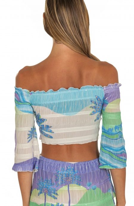 Pin Up Stars Top Goffrato Maniche Campana Stampa Dune Saldi Di Fabbrica