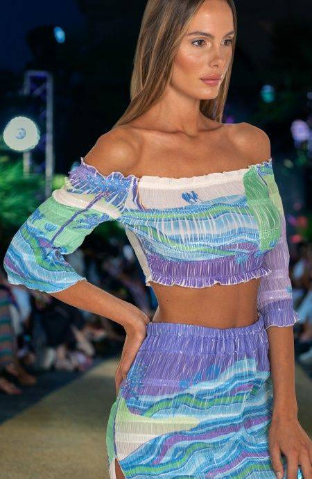 Pin Up Stars Top Goffrato Maniche Campana Stampa Dune Saldi Di Fabbrica