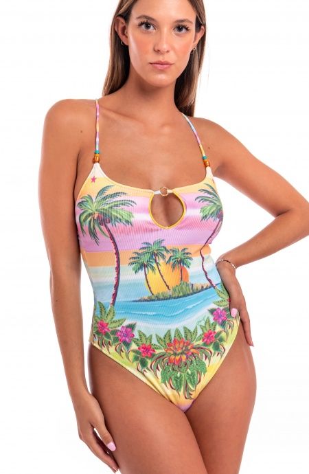Pin Up Stars Costume Intero Tessuto Costina Stampa Hawaii Presa