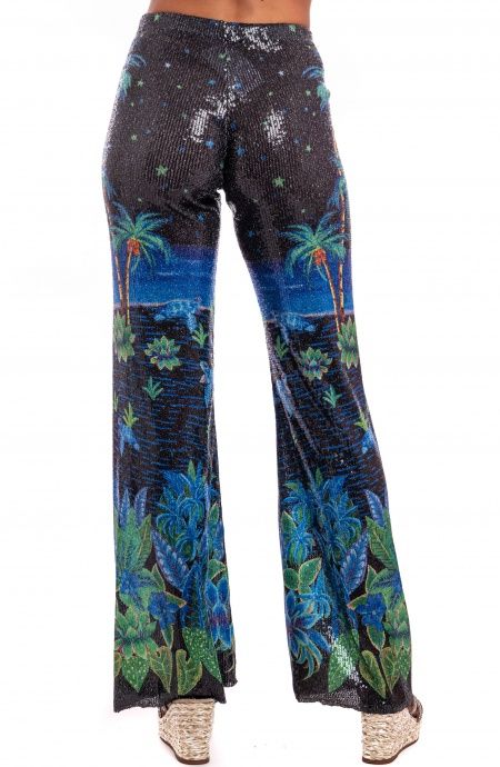 Pin Up Stars Pantalone Zampa Paillettes Stampa Hawaii Spedizione Gratuita