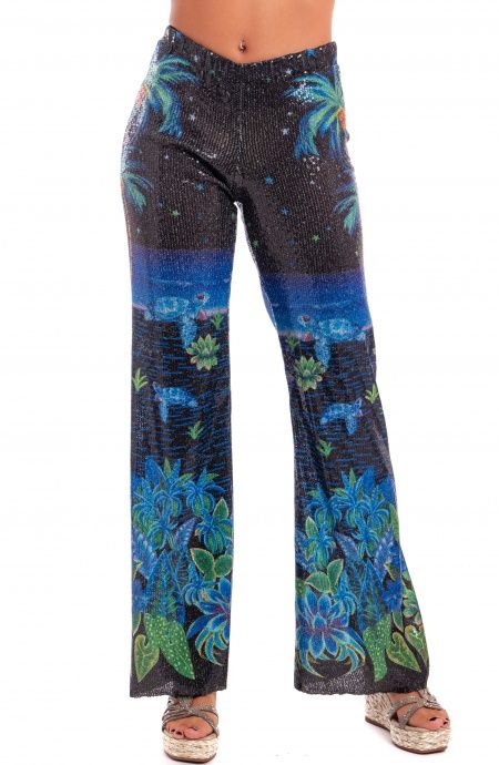 Pin Up Stars Pantalone Zampa Paillettes Stampa Hawaii Spedizione Gratuita