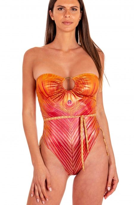 Pin Up Stars Costume Intero Con Anella Stampa Piuma Base Oro Presa