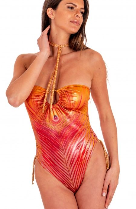 Pin Up Stars Costume Intero Con Anella Stampa Piuma Base Oro Presa