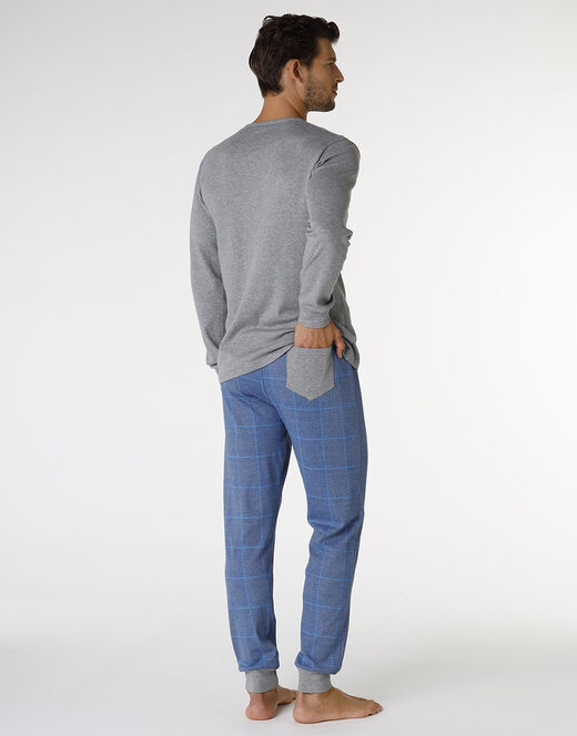 Lovable Pigiama lungo in interlock di cotone, grigio melage scuro e blu polvere con stampa Pezzi Unici