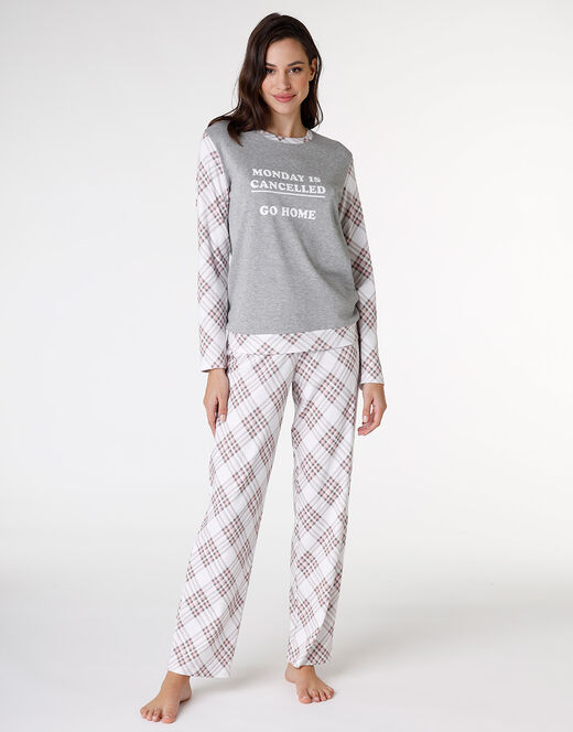 Lovable Pigiama lungo in interlock di cotone, grigio melange stampato 2025
