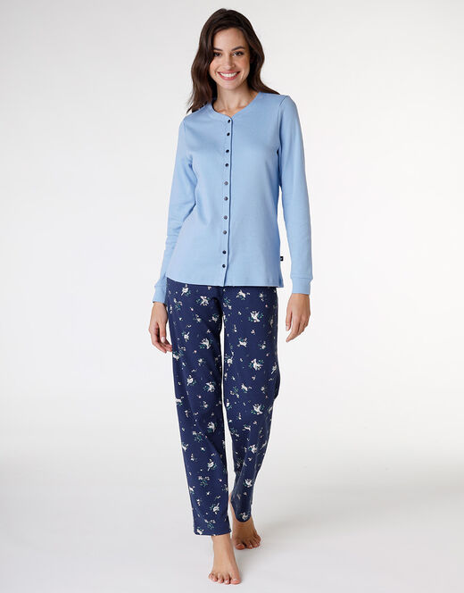 Lovable Pigiama lungo aperto in interlock di cotone, azzurro con stampa Saldi