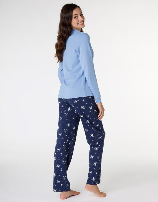 Lovable Pigiama lungo aperto in interlock di cotone, azzurro con stampa Saldi