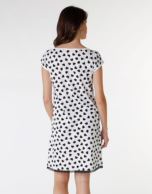 Lovable Camicia da notte in jersey di cotone, stampa cuori neri su sfondo bianco Saldi