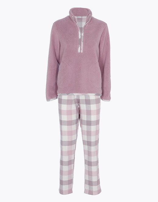 Lovable Pigiama lungo con pelliccetta agnellata e flanella, rosa e grigio Vendita Calda