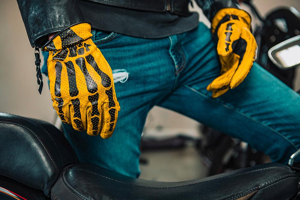 Rude Riders Guanti moto in pelle Bones Yellow Spedizione Gratuita