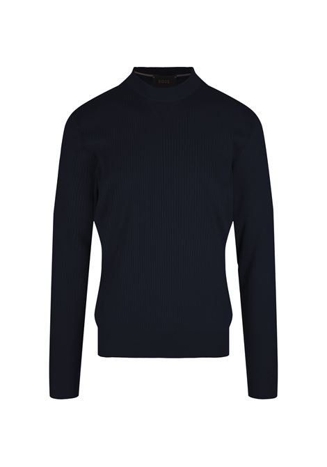BOSS Maglione Regular Fit In Seta e Cotone Blu - BOSS Affare Del Giorno