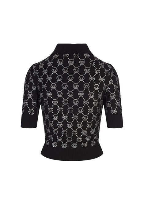PHILIPP PLEIN Polo In Maglia Nera Con Monogram Di Strass - PHILIPP PLEIN Prezzo Ridotto