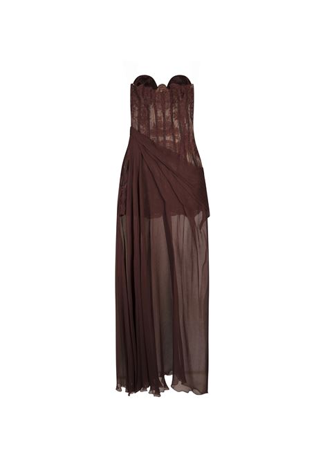 ERMANNO SCERVINO Abito Bustier Marrone In Pizzo Con Gonna In Seta - ERMANNO SCERVINO Italy