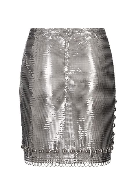 RABANNE Gonna Corta In Mesh Argento Con Anelli e Borchie - RABANNE Italia