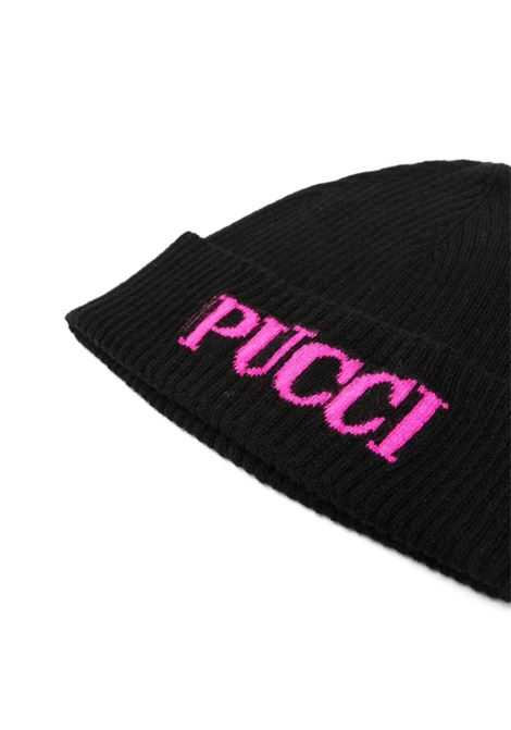 EMILIO PUCCI JUNIOR Berretto a Coste Nero Con Logo Fucsia - EMILIO PUCCI JUNIOR Italia