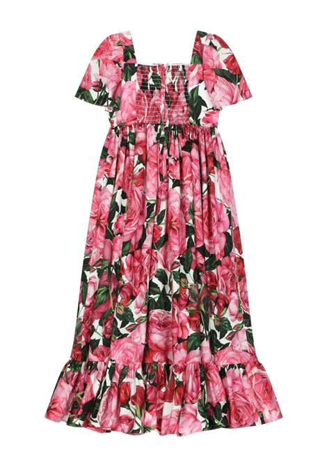DOLCE & GABBANA KIDS Abito In Popeline Con Stampa Di Rose Su Sfondo Bianco - DOLCE & GABBANA KIDS Vendita Calda