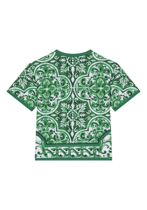 DOLCE & GABBANA KIDS T-Shirt Con Stampa Maiolica Verde All-Over - DOLCE & GABBANA KIDS Qualità Garantita