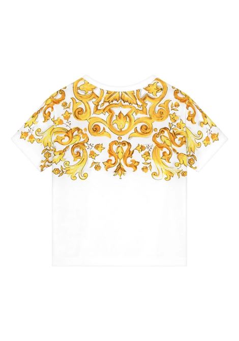 DOLCE & GABBANA KIDS T-Shirt Bianca Con Stampa Maiolica Gialla e Logo DG - DOLCE & GABBANA KIDS Acquista Ora