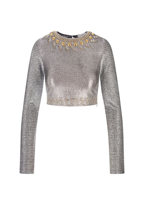 RABANNE Top Crop In Lame' Argento Con Borchie - RABANNE Online