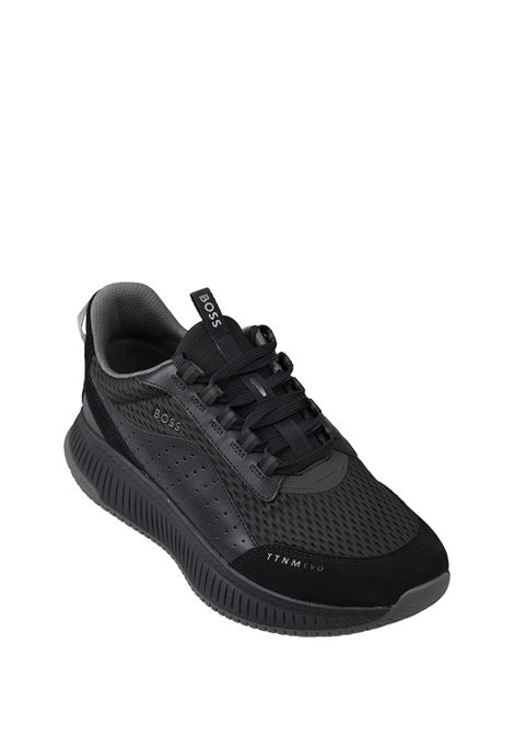 BOSS TTNM EVO Sneakers Nere In Pelle Liscia e Scamosciata e Mesh Con Suola a Spina Di Pesce - BOSS In vendita