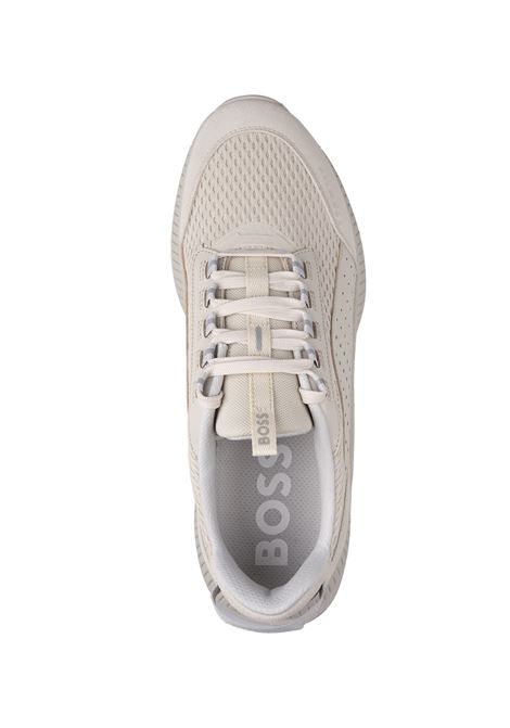 BOSS TTNM EVO Sneakers Bianche In Pelle Liscia e Scamosciata e Mesh Con Suola a Spina Di Pesce - BOSS Shopping Online