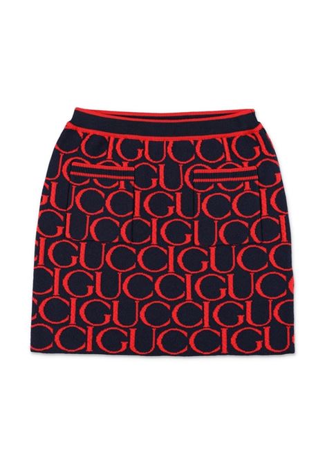 GUCCI KIDS Gonna Jacquard In Lana Gucci Blu Scuro e Rosso - GUCCI KIDS Nuovo