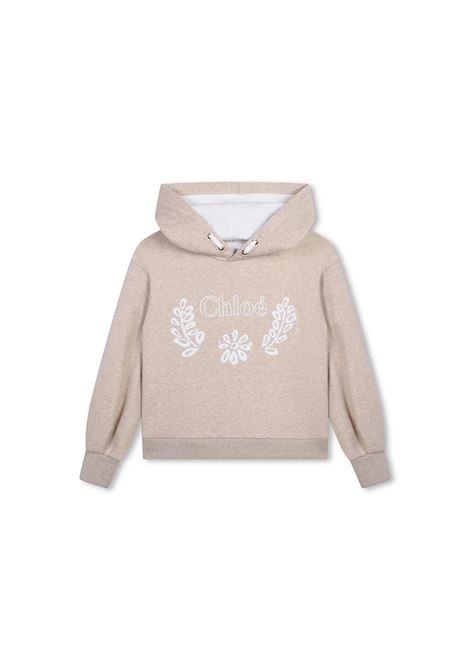 CHLOÉ KIDS Felpa Beige Marl Con Cappuccio e Ricami Botanici - CHLOÉ KIDS Offerta