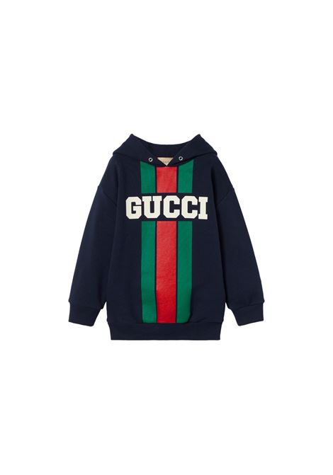GUCCI KIDS Felpa Oversize Blu Scuro Con Stampa Gucci Web - GUCCI KIDS Prezzo di fabbrica