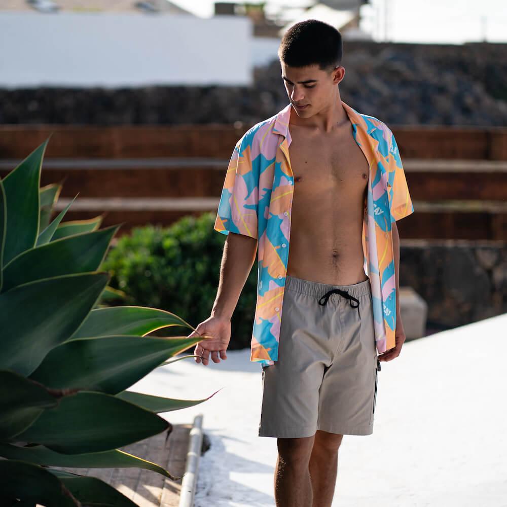 Seay / Camicia Hawaiana Rosa Blu Foglie Banano In Linea