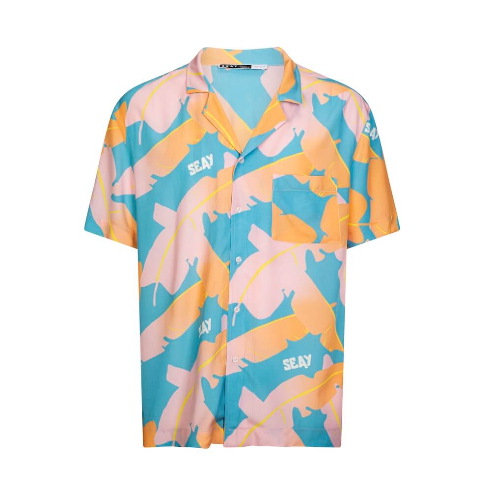 Seay / Camicia Hawaiana Rosa Blu Foglie Banano In Linea