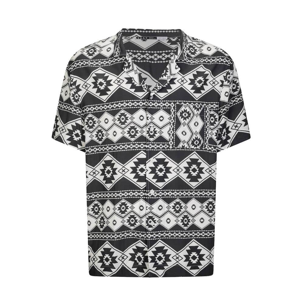 Seay / Camicia Hawaiana Bianco Nera Stampa Nativa Nuovo