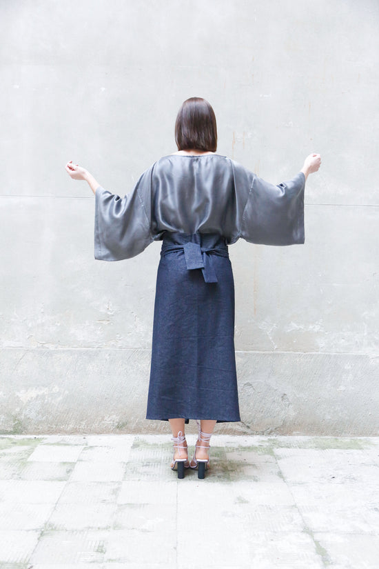 ﻿Zerobarracento Recycled Cotton Denim Wrap Midi Skirt Online